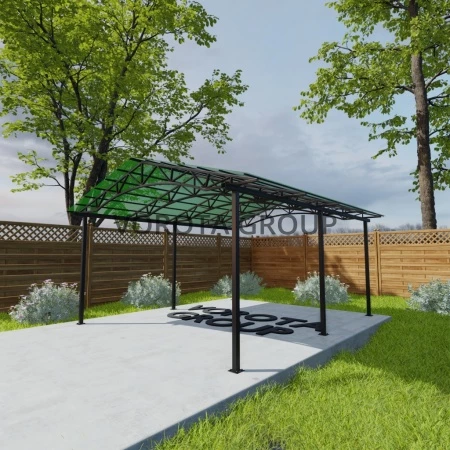 Двухскатный навес с арочным основанием зеленого цвета, монолитный поликарбонат 4500*10000